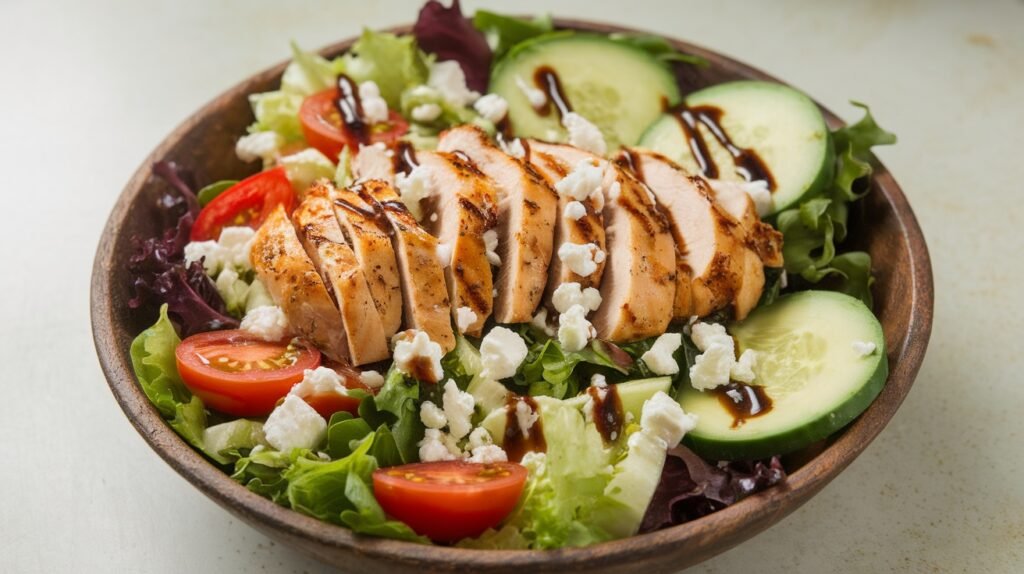 A vibrant grilled chicken salad with mixed greens, cherry tomatoes, cucumber, and avocado, garnished with feta cheese.