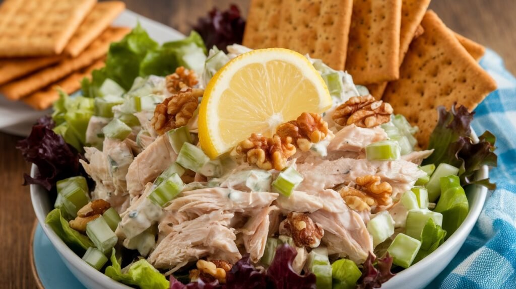 A bowl of classic chicken salad with chicken, celery, grapes, and nuts on greens with crackers.