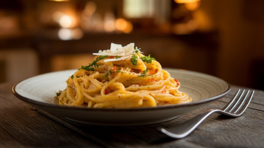 A serving of spaghetti aglio e olio with parsley and Parmesan cheese on a rustic table.
Spaghetti recipes