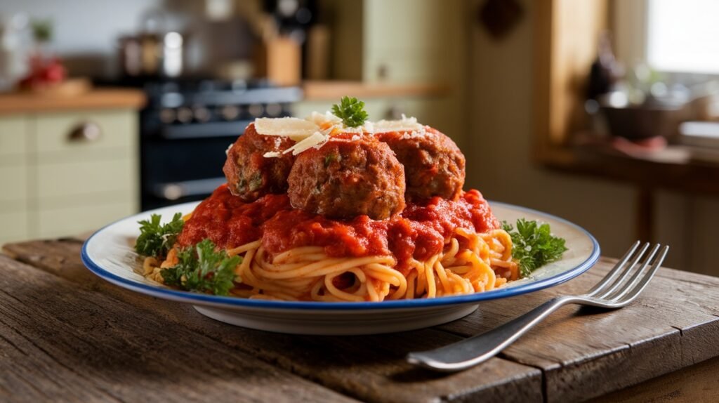 Spaghetti and meatballs with marinara sauce and Parmesan, garnished with parsley on a rustic table.