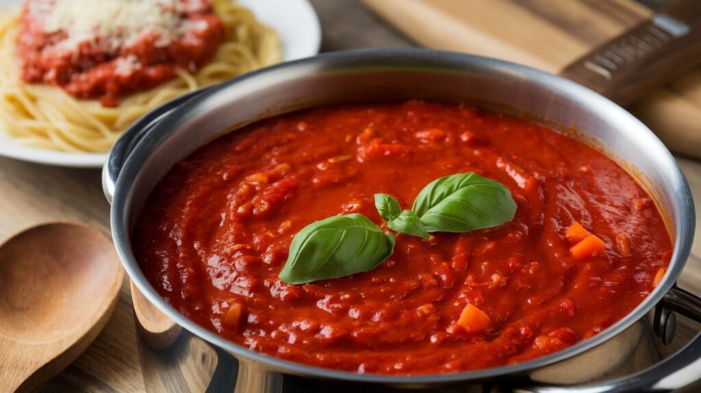 A bubbling pot of homemade spaghetti sauce with fresh basil, ready to be served over pasta.