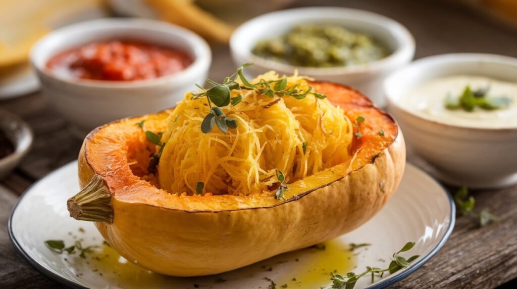 Roasted spaghetti squash halves with golden strands, garnished with herbs, on a wooden table.