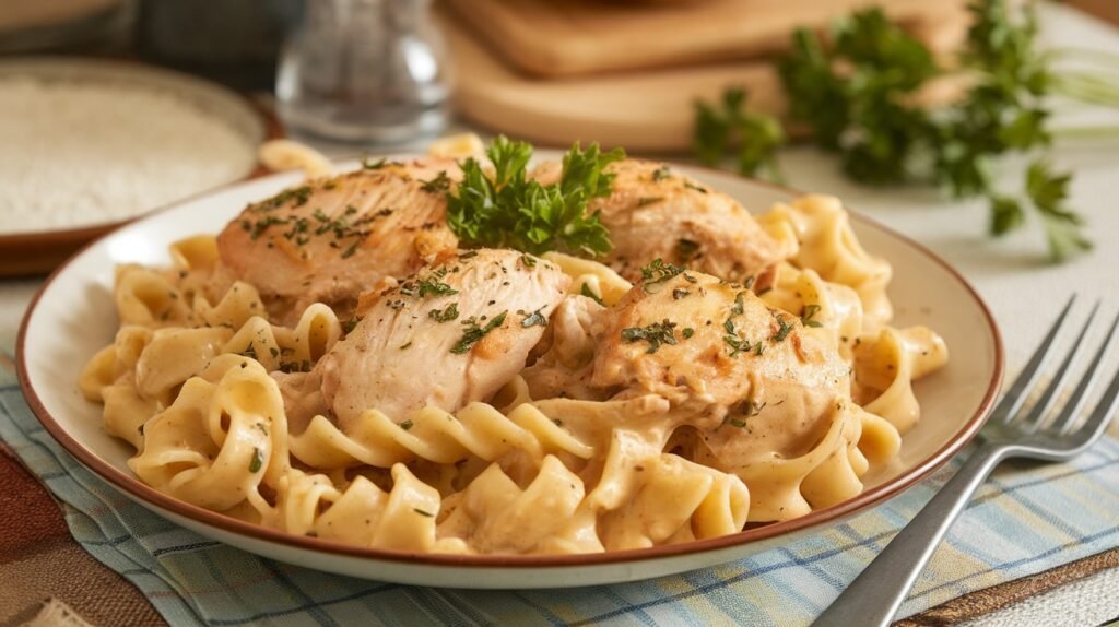 Creamy garlic chicken pasta served on a plate, garnished with parsley, with a fork on a rustic table.