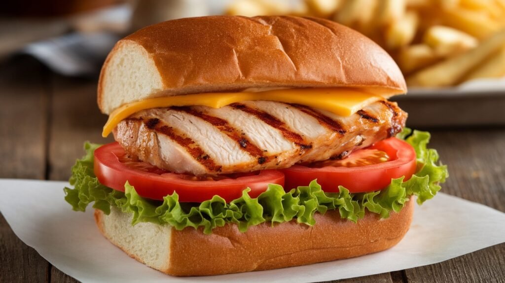 A mouth-watering grilled chicken sandwich with lettuce, tomato, and melted cheese on a rustic wooden table, served with crispy fries.